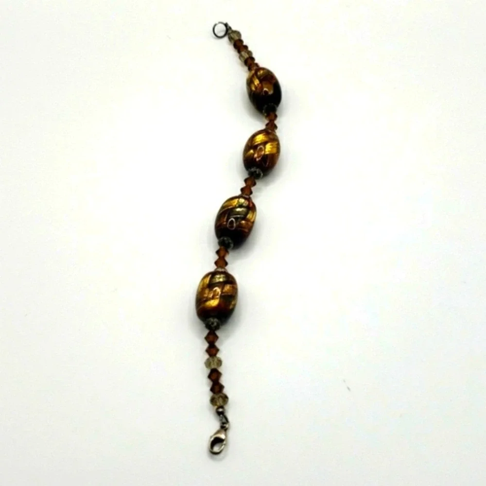 Murano Style Art Glass Bracelet Black Brown Gold Sparkle‎ Accents Beads